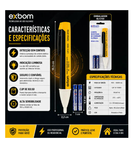 Caneta Detectora de Tensão Exbom FEPRO-DT90 1000V Luminoso Sonoro lanterna alerta por aproximação